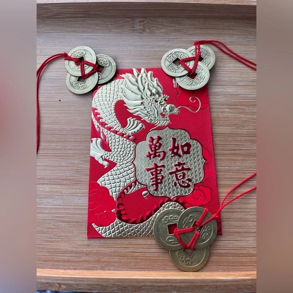 Chinese New Year Red Lucky Money Envelope 3 Feng Shui Coin Set - Picture 3 of 9